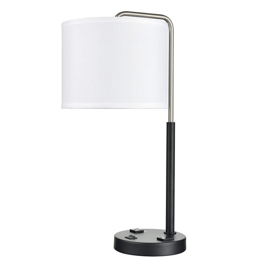 Brushed Nickel & Matte Black Table Lamp – White Fabric Shade with 2 Outlets & USB