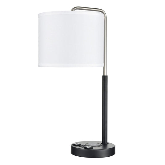 Brushed Nickel & Matte Black Table Lamp – White Fabric Shade with USB, 2 Outlets & Qi Wireless Charging