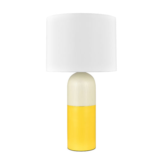 Yellow & Wood Table Lamp – White Fabric Shade, Push Switch