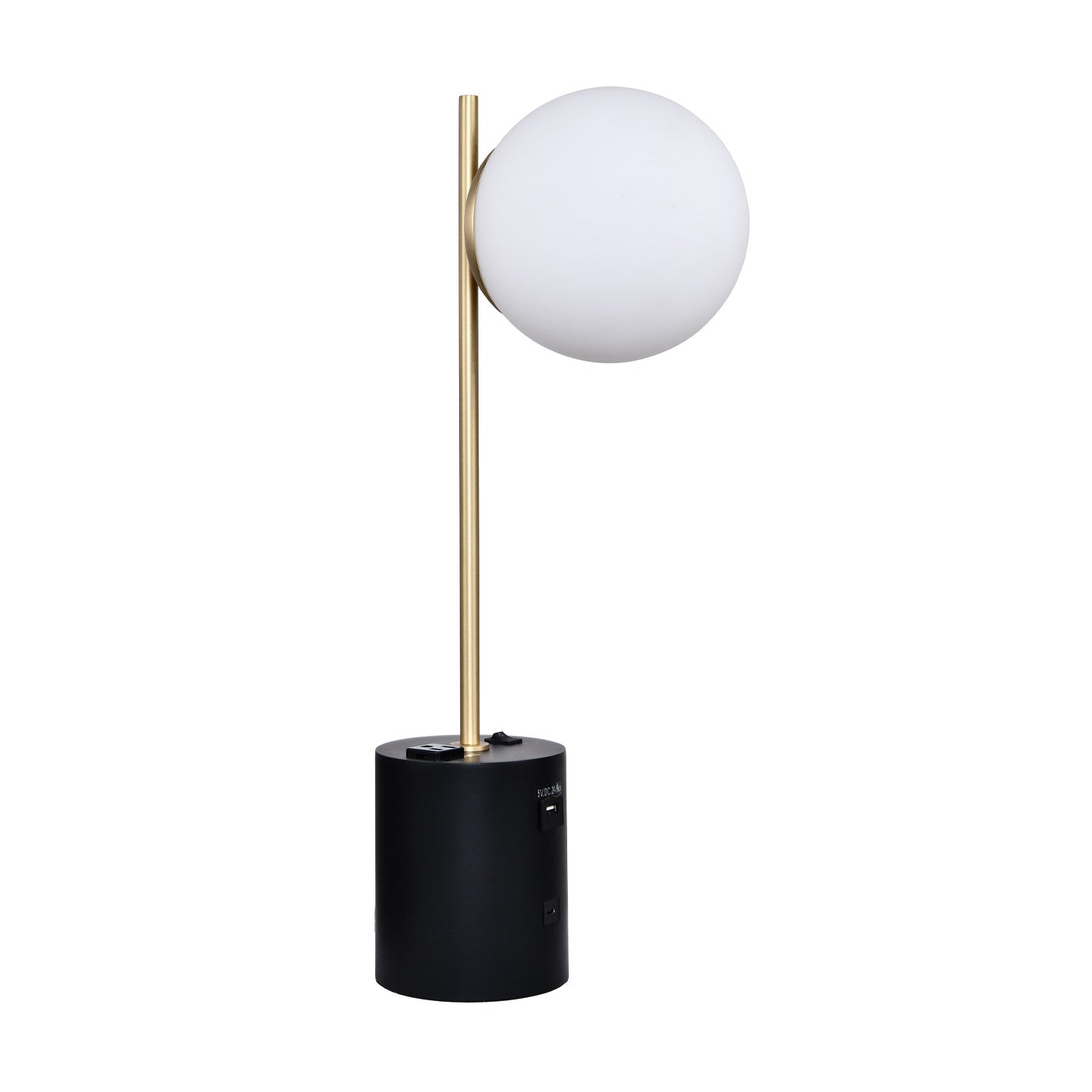 Powder Coated Matte Black Table Lamp with USB-A, USB-C & Outlet – White Frosted Glass Globe, 40W