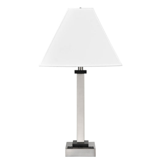 Brushed Nickel & Ebony Wood Table Lamp – White Fabric Shade with 2 Outlets, 100W Max
