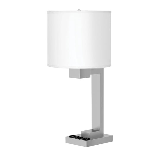 Brushed Nickel & Ebony Wood Table Lamp – White Fabric Shade with 2 Outlets, 60W Max