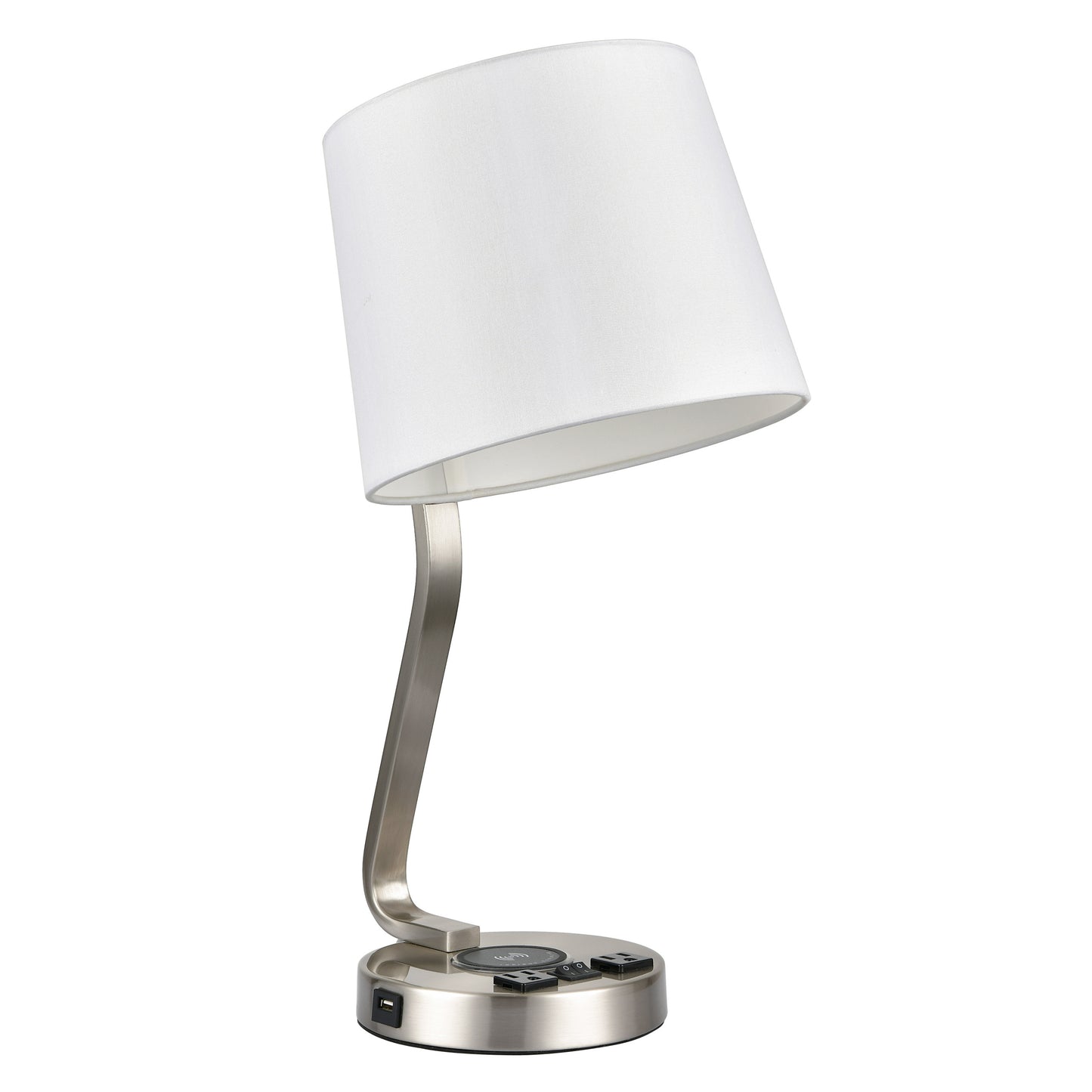 Brushed Nickel Table Lamp – White Fabric Shade with 2 Outlets, USB & Wireless Charging