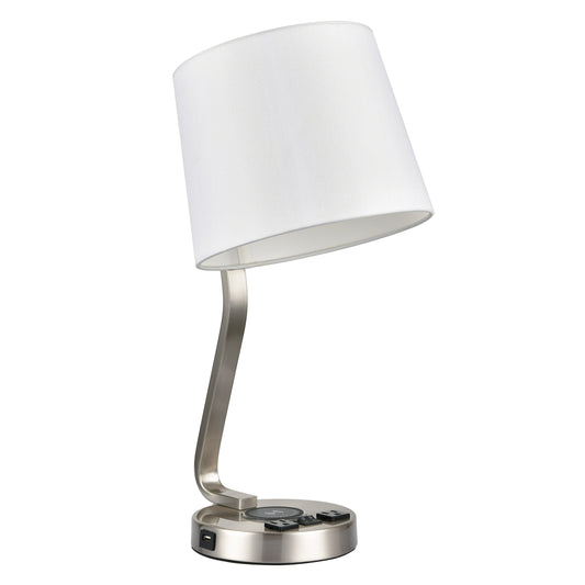 Brushed Nickel Table Lamp – White Fabric Shade with 2 Outlets, USB & Wireless Charging