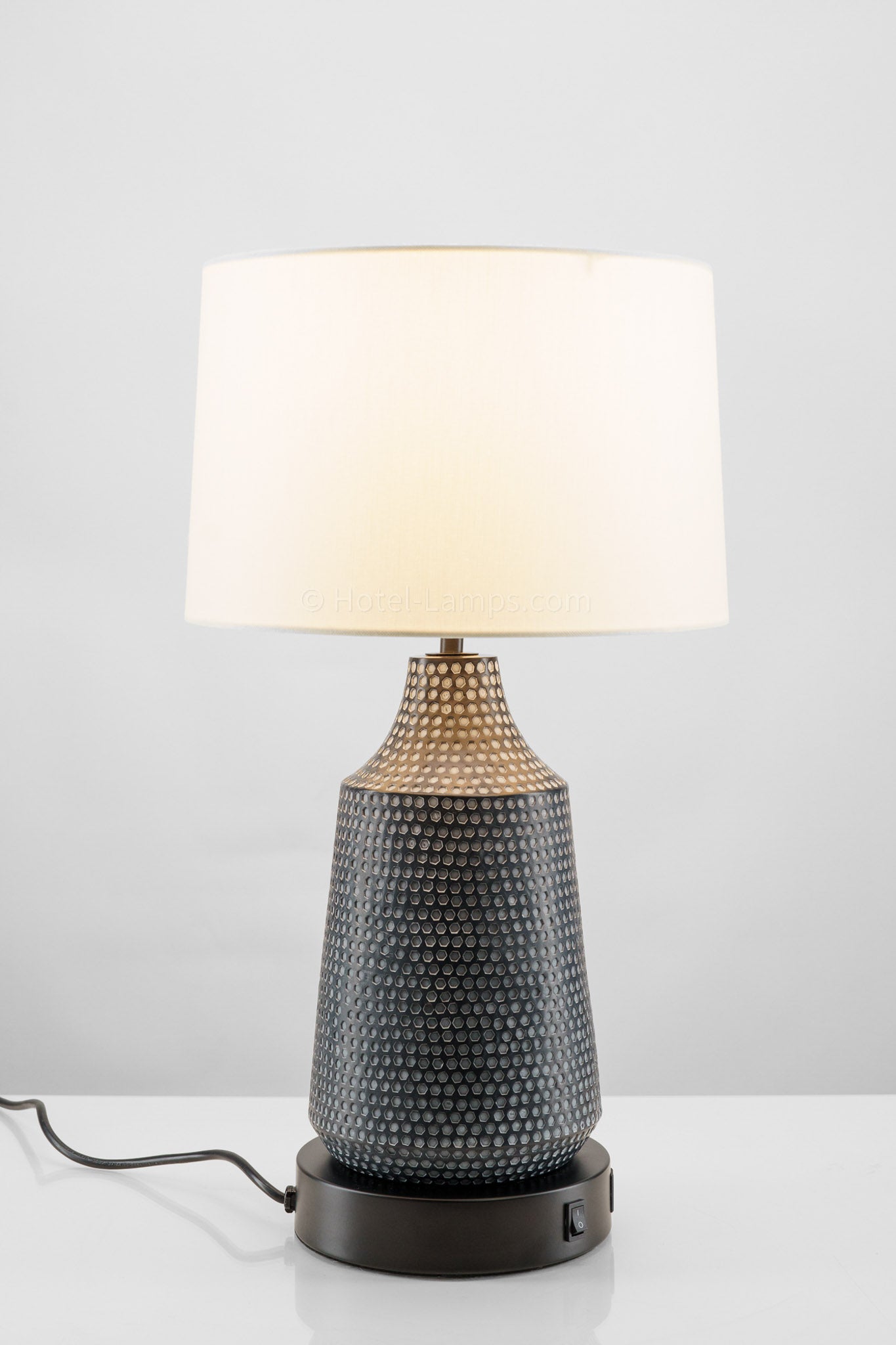 Contemporary Black Table Lamp with Blue Accents – USB & Outlet Charging Ports