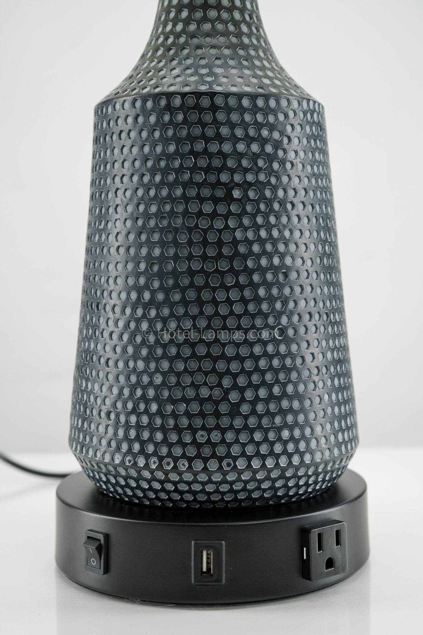 Contemporary Black Table Lamp with Blue Accents – USB & Outlet Charging Ports