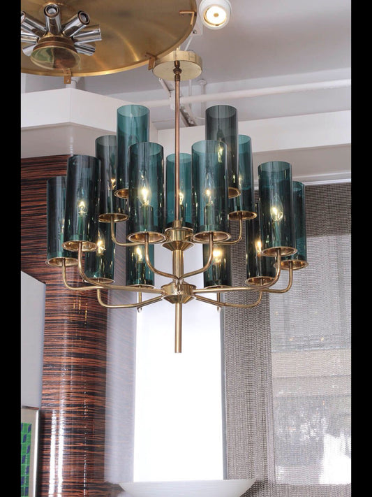 Cylinder Nordic Blue Glass Chandelier – Gold Finish – HLCNBGCG-789