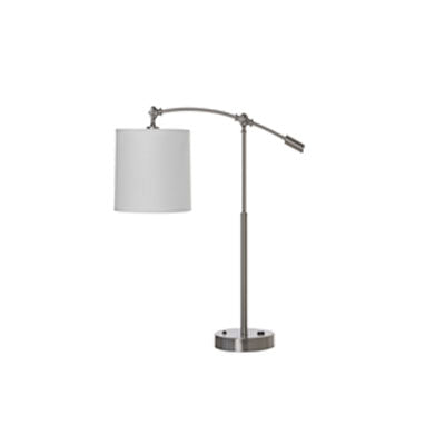 Satin Chrome Desk Lamp with White Linen Shade & Built-In Outlet – 18W E26