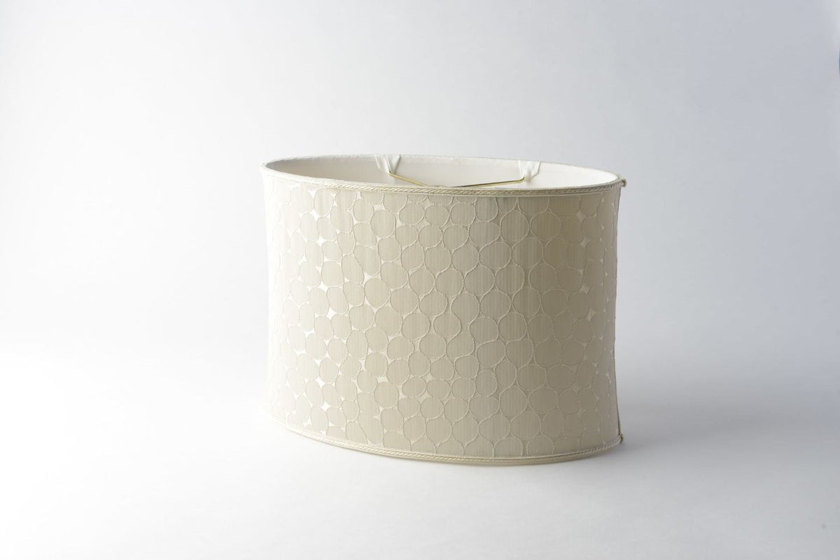 Dotted Narrow Oval Lamp Shade – Beige Silk with Trim, Soft-Sided