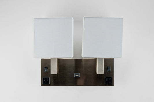 Double Wall Lamp – Satin Nickel Finish with USB & Outlets, Wall-Mounted Bedside Light
