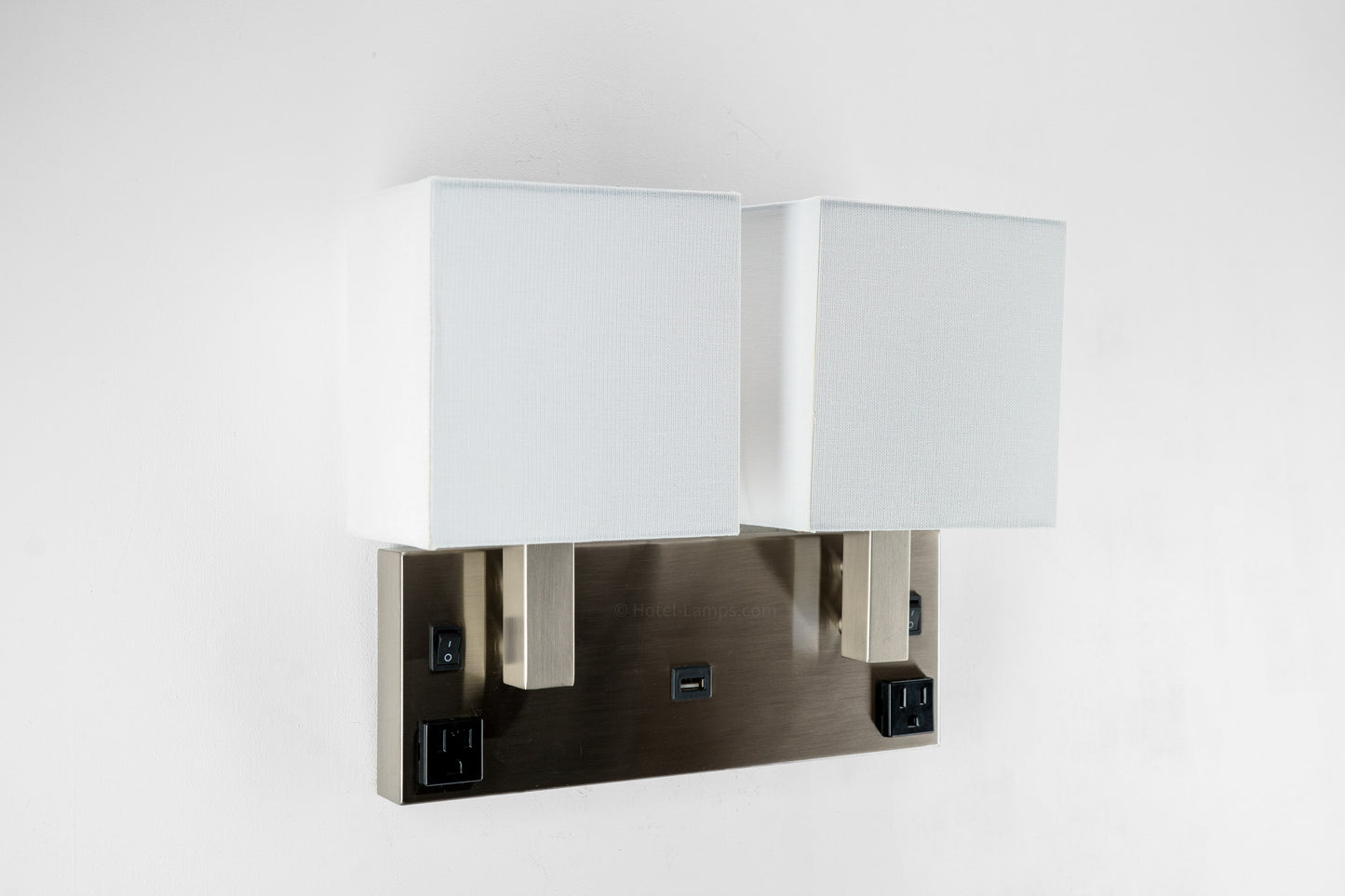 Double Wall Lamp – Satin Nickel Finish with USB & Outlets, Wall-Mounted Bedside Light