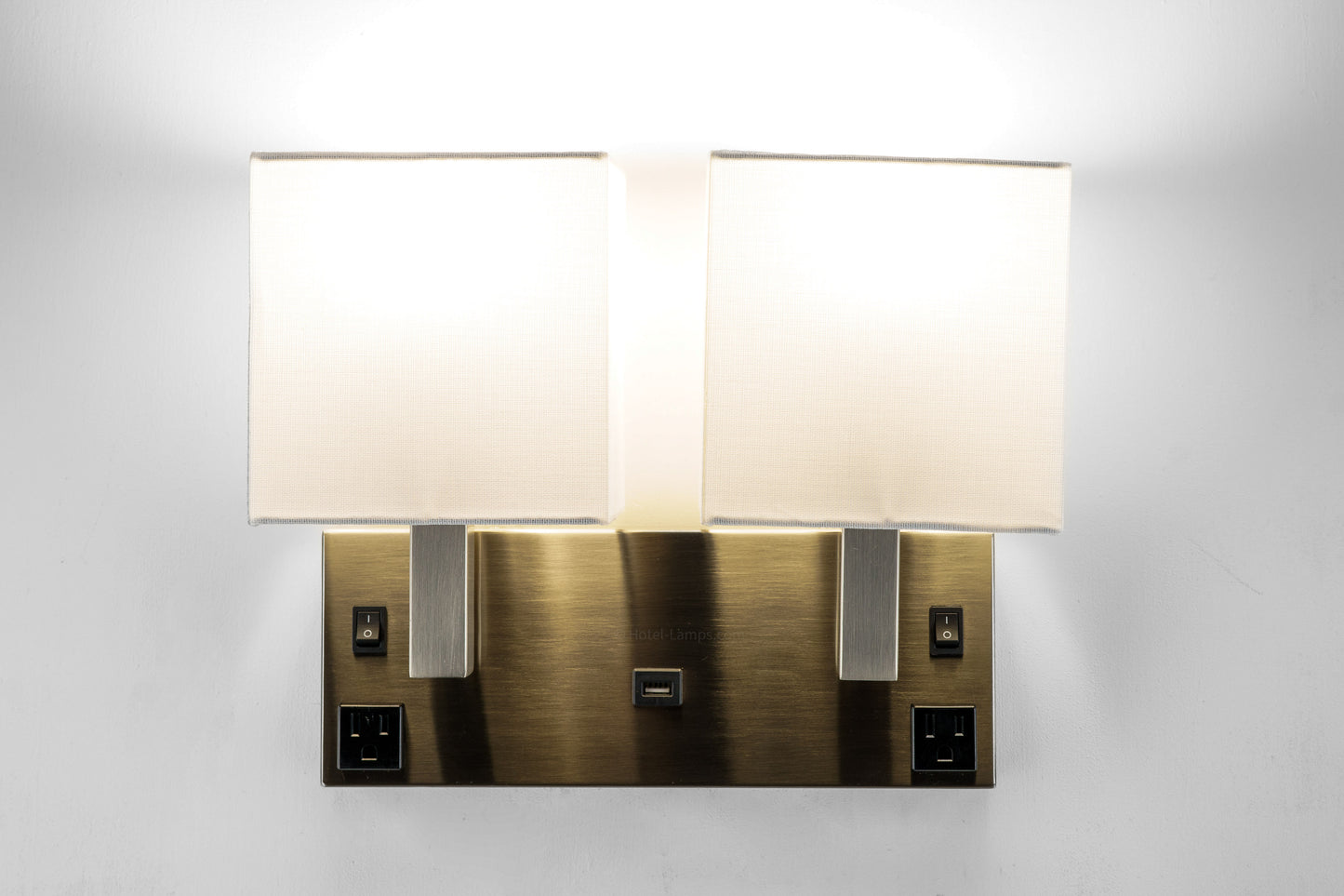 Double Wall Lamp – Satin Nickel Finish with USB & Outlets, Wall-Mounted Bedside Light