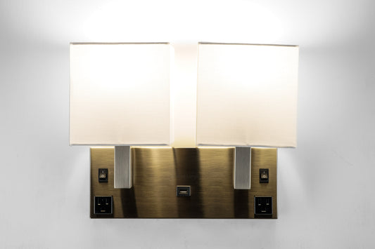 Double Wall Lamp – Satin Nickel Finish with USB & Outlets, Wall-Mounted Bedside Light