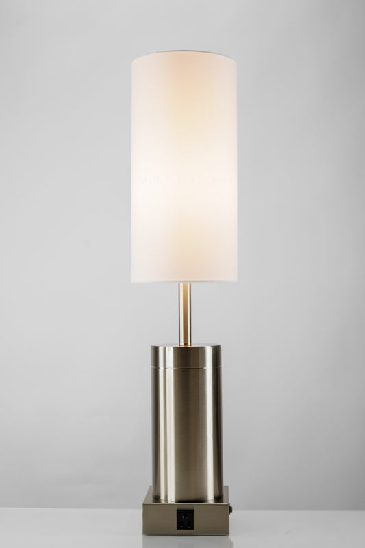 HLTL156003 Hyatt Hotel Dresser Table Lamp – 31” Brushed & Satin Nickel with Cream Hardback Shade