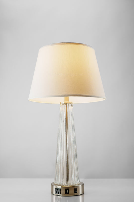 Best Western Executive Residency Glass Table Lamp – Clear Glass & Brushed Nickel with White Linen Shade