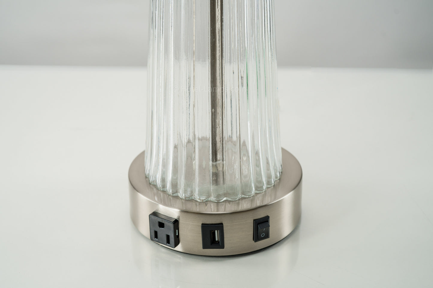 Best Western Executive Residency Glass Table Lamp – Clear Glass & Brushed Nickel with White Linen Shade