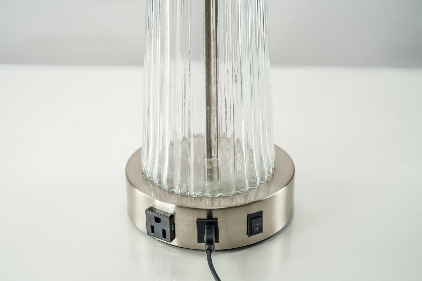 Best Western Executive Residency Glass Table Lamp – Clear Glass & Brushed Nickel with White Linen Shade