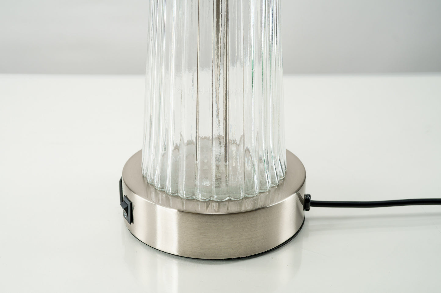 Best Western Executive Residency Glass Table Lamp – Clear Glass & Brushed Nickel with White Linen Shade