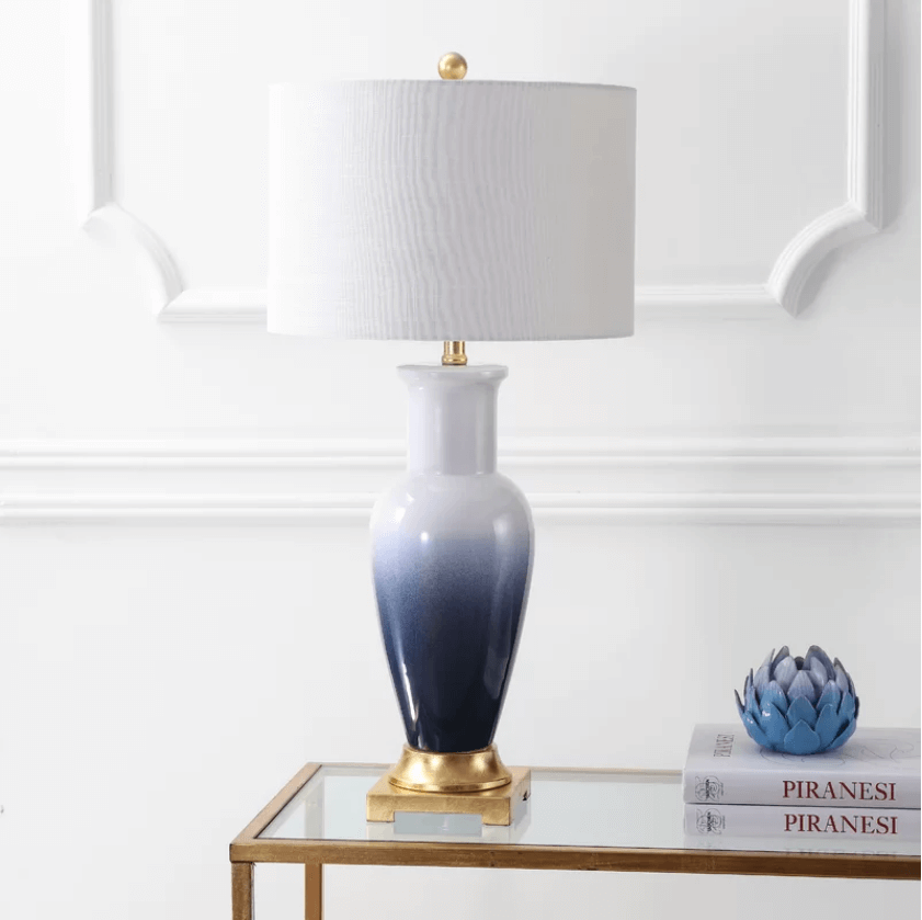 Glossy Coral Ceramic Table Lamp with Gradient Glaze & White Linen Shade – HLHT7023