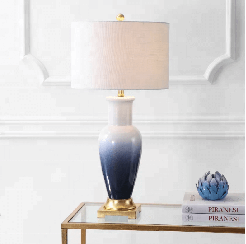 Glossy Coral Ceramic Table Lamp with Gradient Glaze & White Linen Shade – HLHT7023