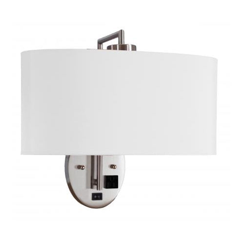 Blue & Brushed Nickel Headboard Wall Lamp with Dual Sockets & Outlet – 60W Hospitality Fixture (SKU: HIC-0034)