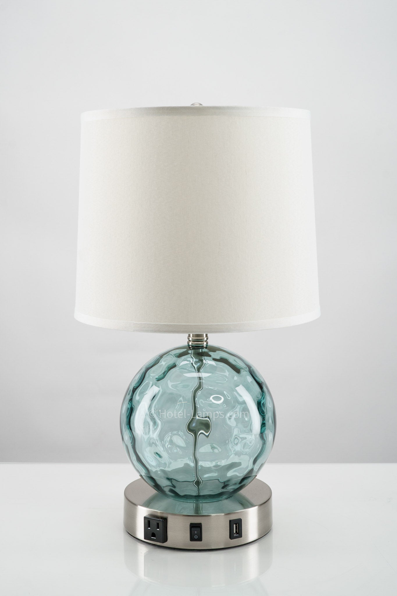 Chelsea Aqua & Brushed Nickel Table Lamp with USB & Outlet – 100W Hospitality Lighting (SKU: HIC-0035)