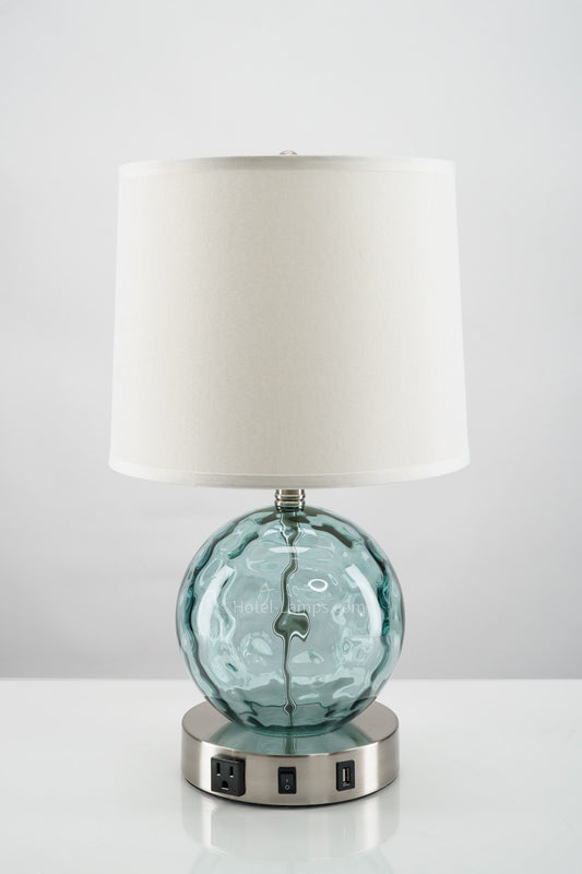 Chelsea Aqua & Brushed Nickel Table Lamp with USB & Outlet – 100W Hospitality Lighting (SKU: HIC-0035)
