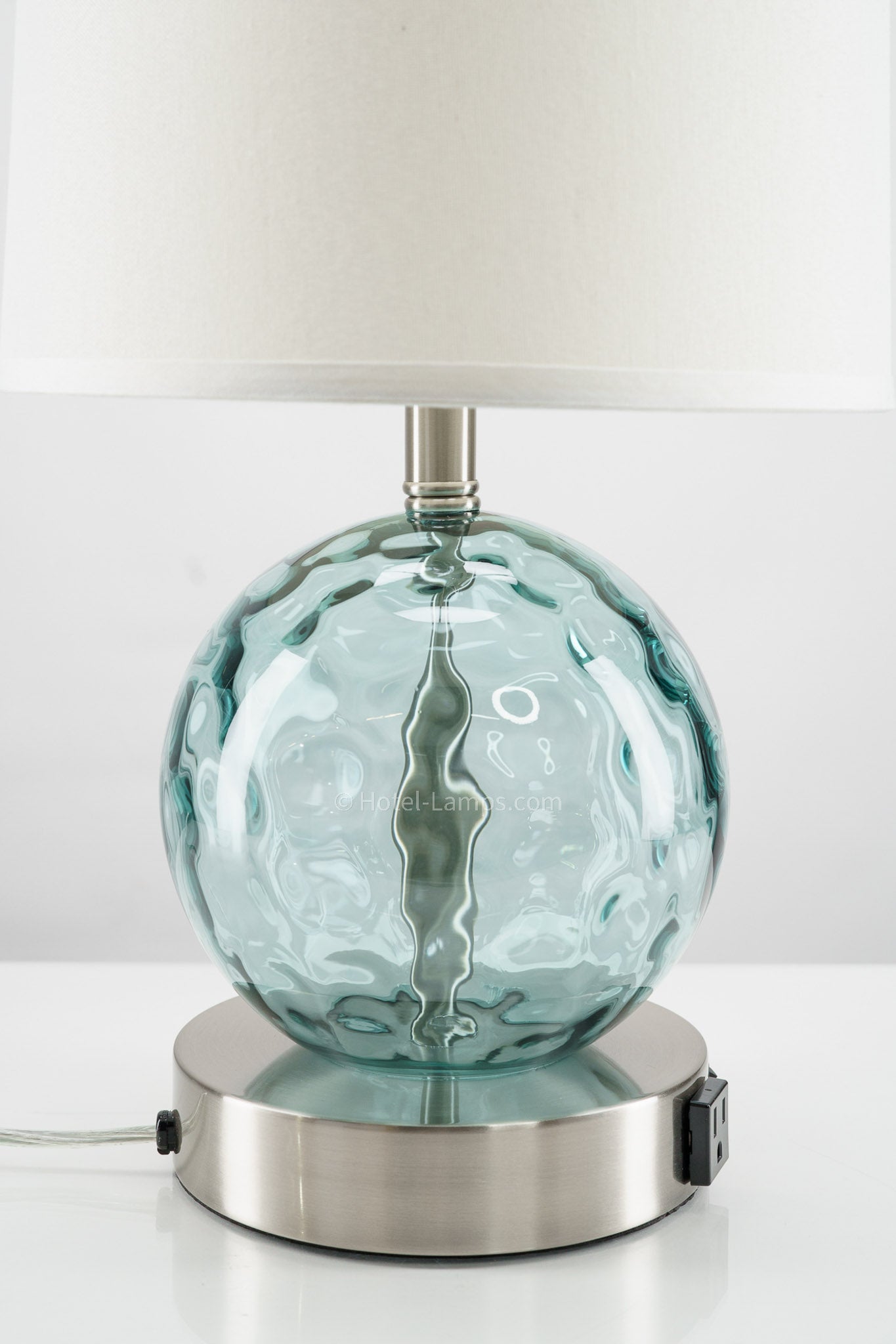 Chelsea Aqua & Brushed Nickel Table Lamp with USB & Outlet – 100W Hospitality Lighting (SKU: HIC-0035)