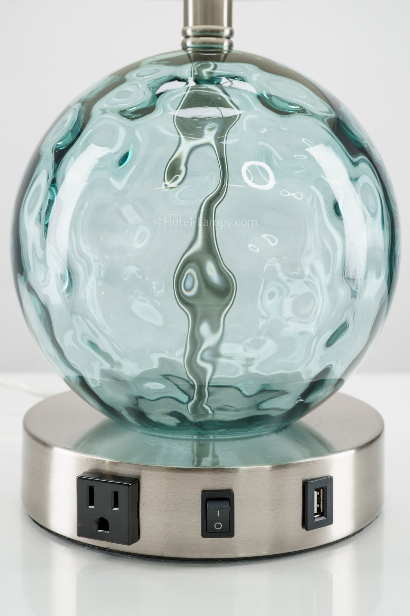 Chelsea Aqua & Brushed Nickel Table Lamp with USB & Outlet – 100W Hospitality Lighting (SKU: HIC-0035)