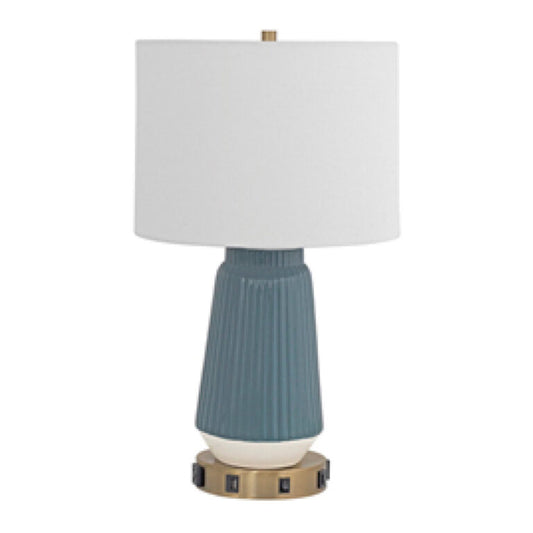 End Table Lamp 112240 – Blue Ceramic & Brass with White Hardback Shade | IHG Spec SG-403.1.1 (SKU: HIC-0097)