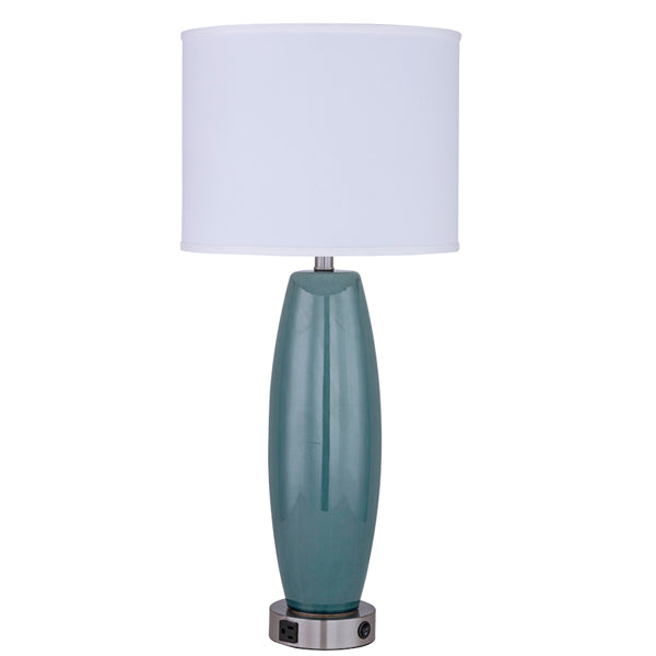 31″ Studio Blue-Green Crackle Table Lamp with Brushed Nickel Accents | White Linen Shade (SKU: HIC-0107)