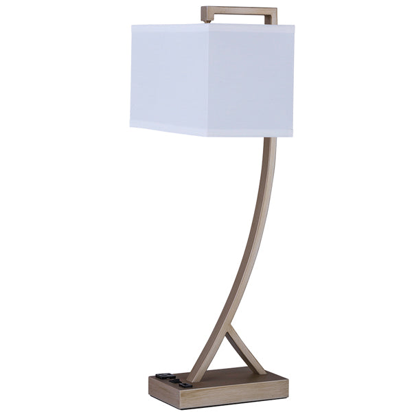 26″ Antique Silver Table Lamp with USB & Outlet – Rectangle White Linen Shade | 120V (SKU: HIC-0110)