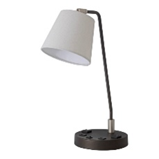 Desk Lamp with White Brussels Hardback Shade – Brushed Nickel Finish | USB & Convenience Outlets | 20″ H (SKU: HIC-0114)