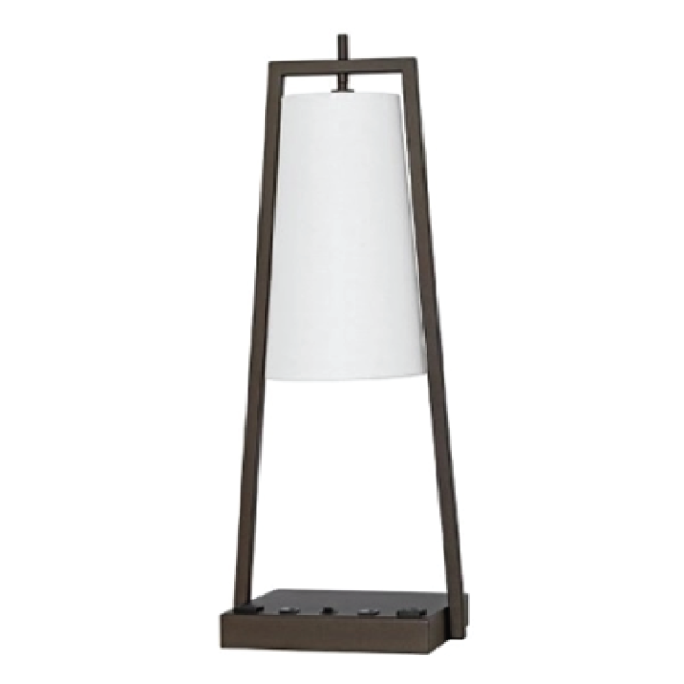 Night Stand Lamp – IHG Bronze Finish | White Hardback Shade | USB & Convenience Outlets | 26″ H (SKU: HIC-0117)