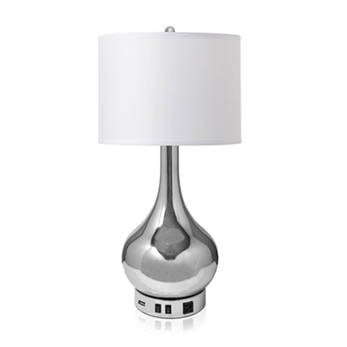 Polished Chrome Desk Lamp with USB – 26" Straight Round White Linen Shade
