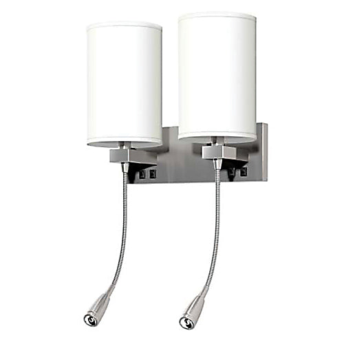 Brushed Nickel Double Wall Lamp – Pure White Linen Straight Round Shades with LED