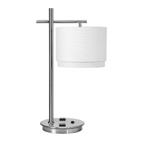 Brushed Nickel Table Lamp with White Linen Shade and Dual Outlets – 33W