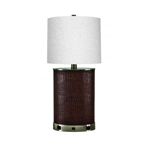 Brown Leather Floor Lamp with Brushed Nickel Finish – 13W Each, Dual Outlets