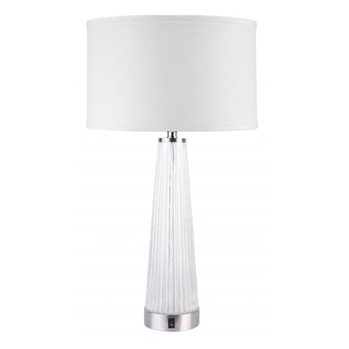 Silver Glimmer Brushed Nickel Table Lamp with White Linen Shade – 27W