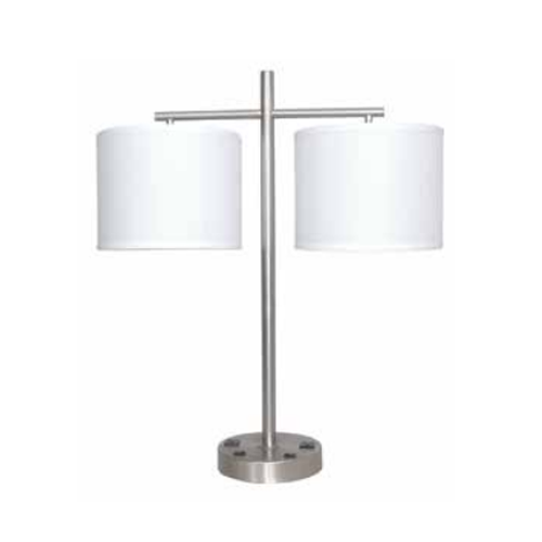 Brushed Nickel Table Lamp with Dual White Hardback Shades – 28″ Height