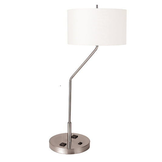 Brushed Nickel Table Lamp with White Linen Shade & Outlets – 27W Medium Base