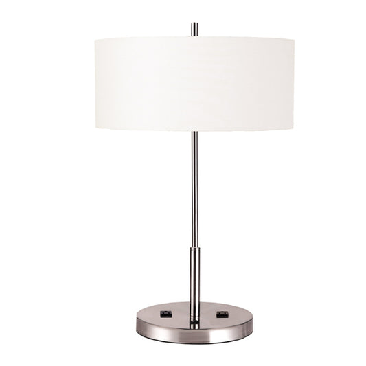 Brushed Nickel Table Lamp with White Linen Shade & Dual Outlets – 2 x 13W