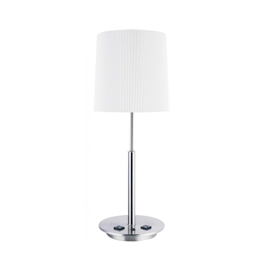 Polished & Brushed Nickel Table Lamp with White Ribbed Shade – 32W, Dual Outlets