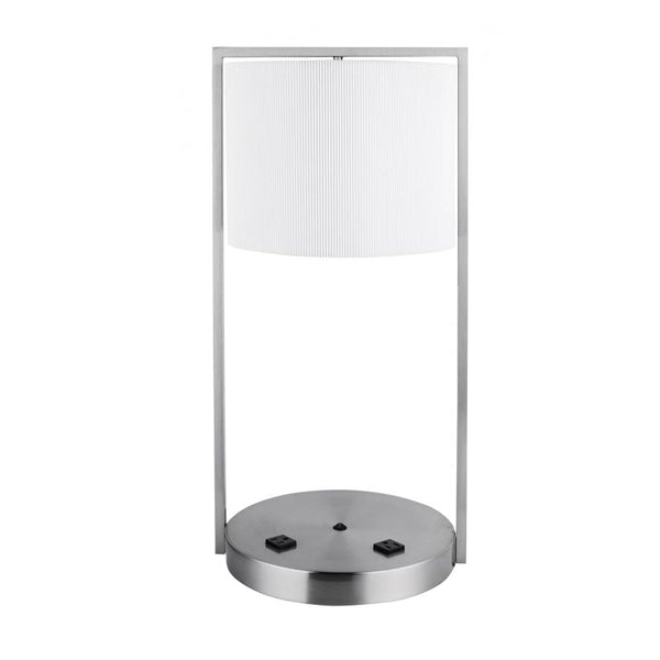 Brushed Nickel Table Lamp with White Ribbed Shade – 2 x 23W, Dual Outlets