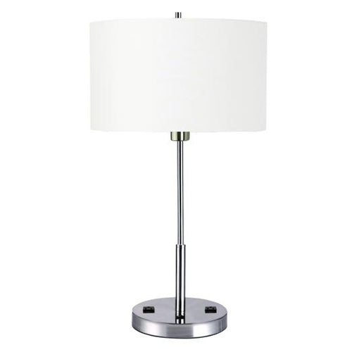 Brushed Chrome & Nickel Table Lamp – 27” Height – 27W with White Linen Shade and Dual Outlets