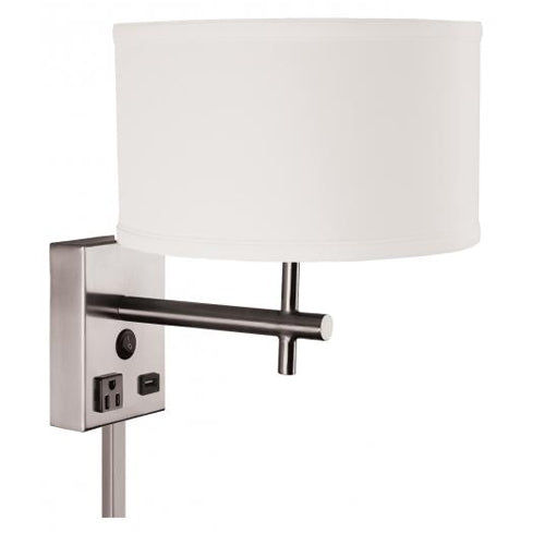 Brushed Nickel Headboard Sconce Lamp – 14” Height – 100W with White Linen Shade, Outlet & USB