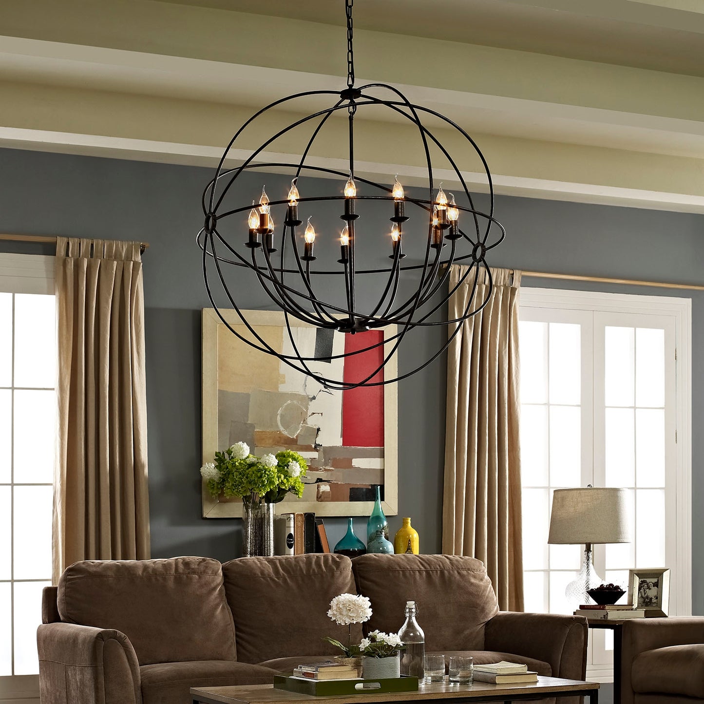 Atom 39.5" Chandelier in Brown – Vintage Modern 12-Light Ceiling Pendant
