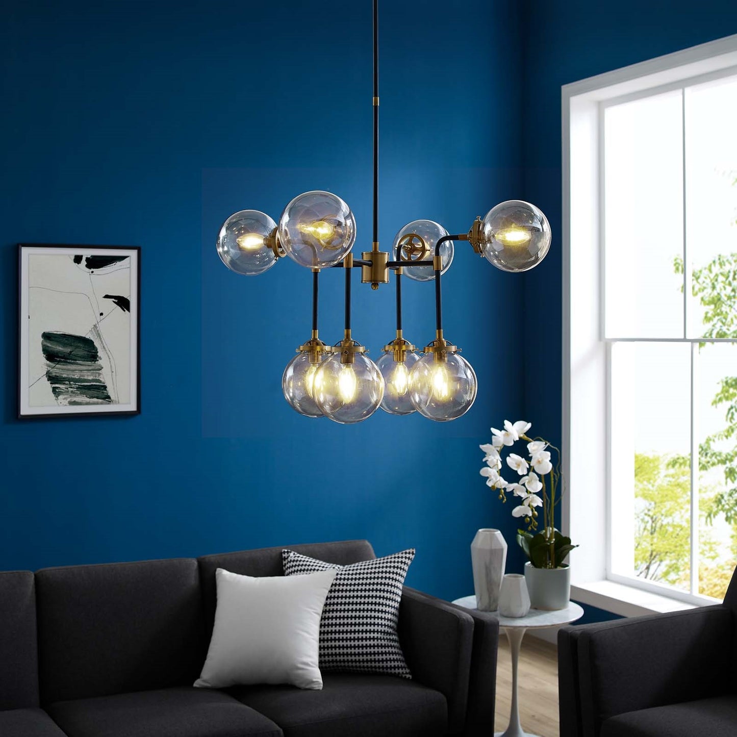Ambition Amber Glass and Antique Brass 8 Light Pendant Chandelier – Industrial Modern Ceiling Fixture