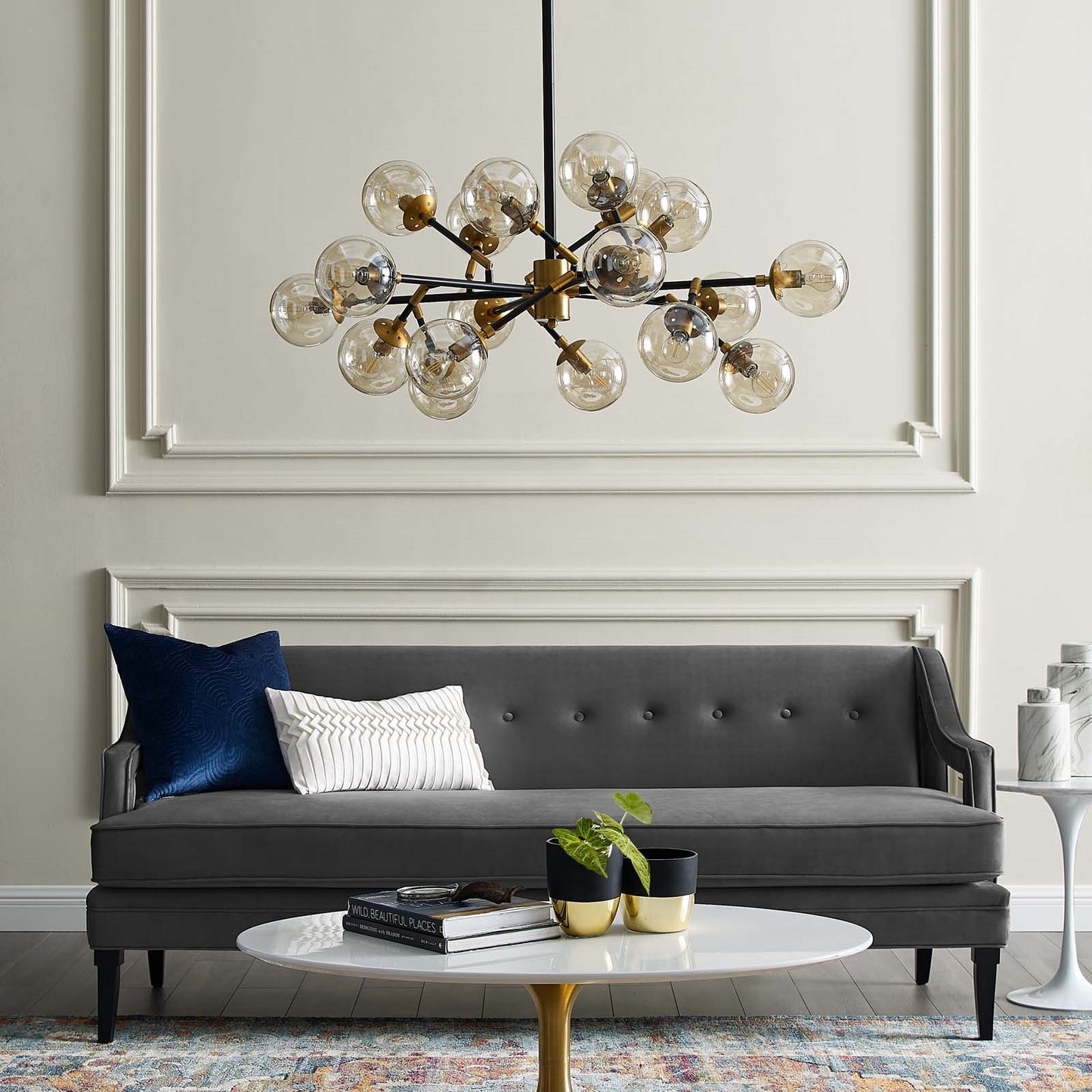 Sparkle Amber Glass & Antique Brass 18-Light Mid-Century Pendant Chandelier