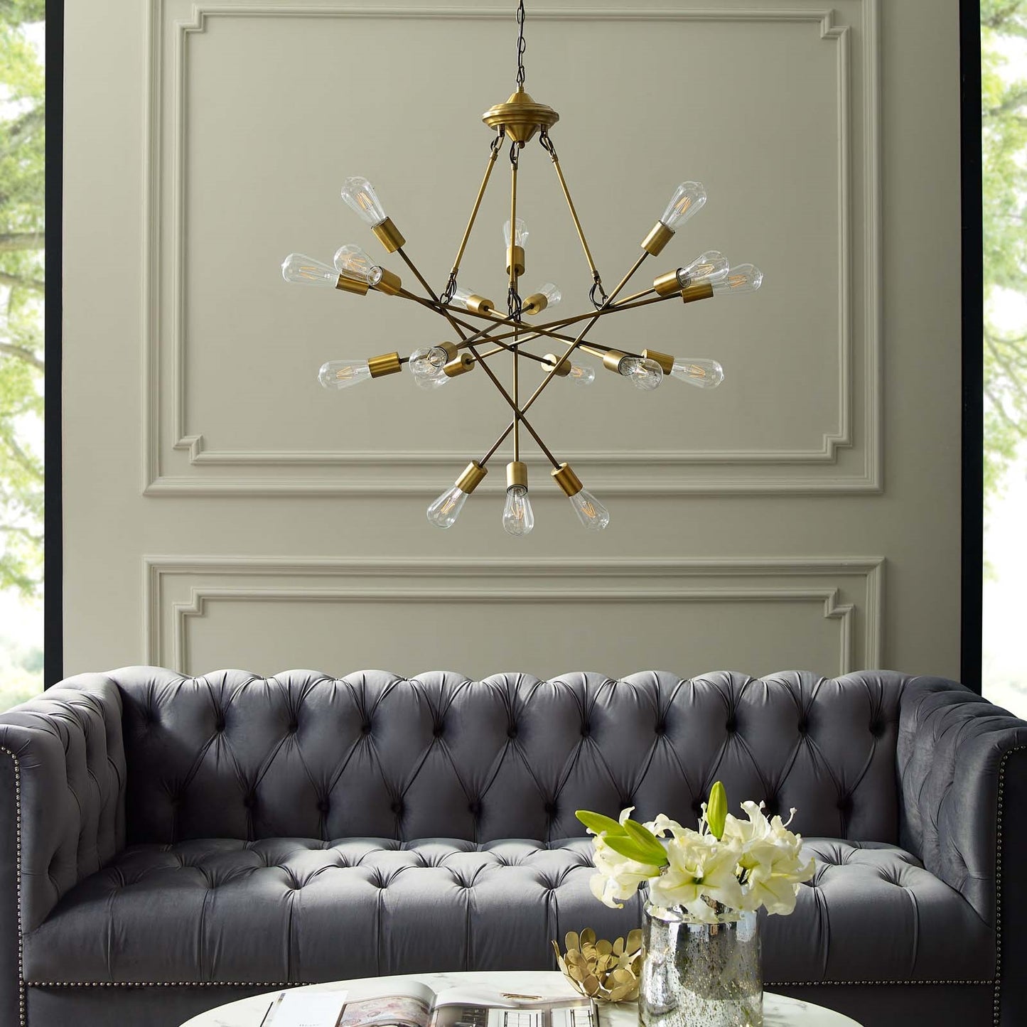 Request Antique Brass 18-Light Mid-Century Pendant Chandelier